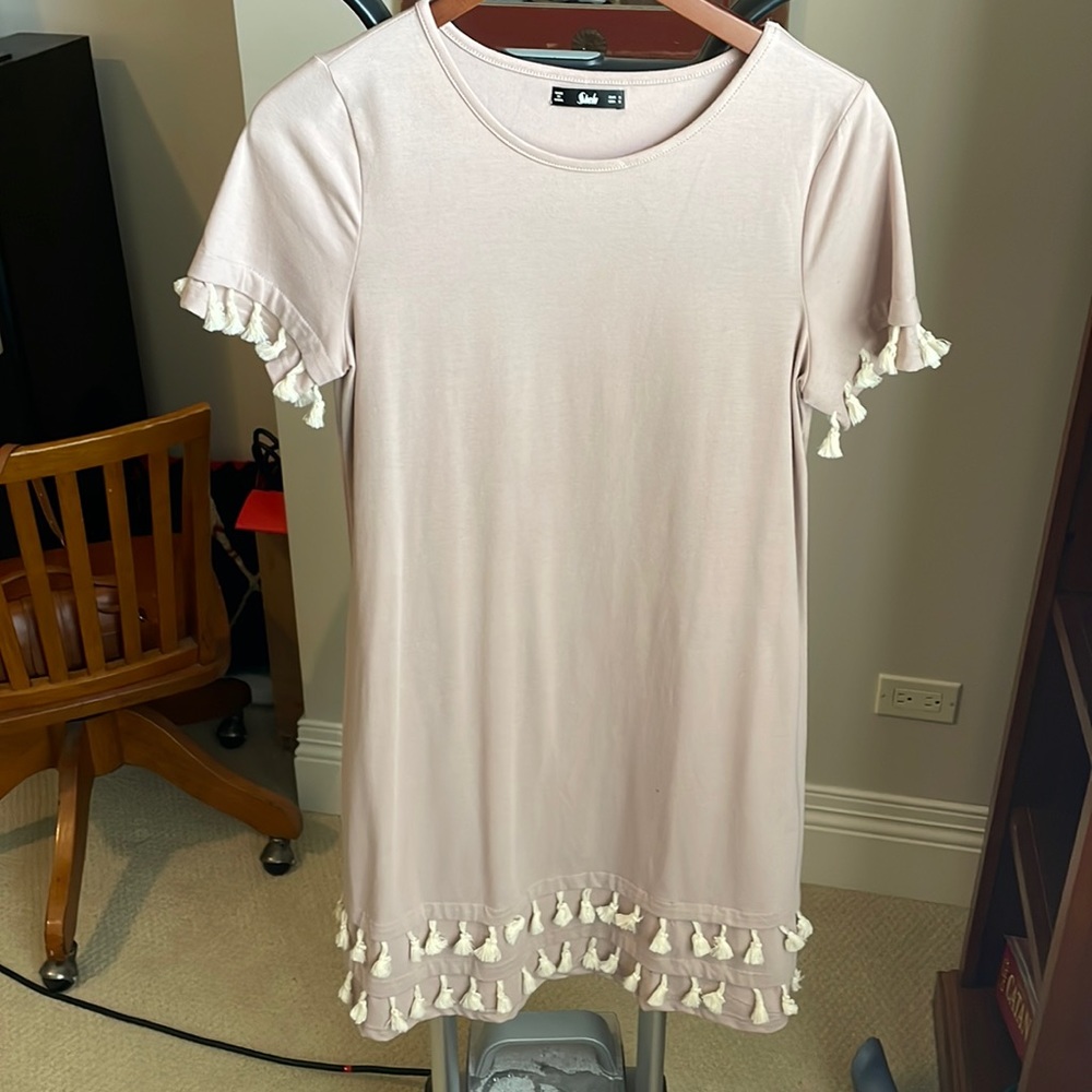 Light pink shein short sleeve T-shirt dress with cream tassels